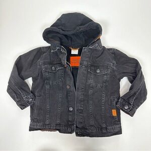 ZARA Kids LINED DENIM JACKET HOOD  Size 6  Black Charcoal Wash Zip Up Buttons